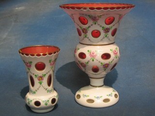 A Bohemian style overlay glass  thistle shaped vase 9" (chip to rim) and a do. goblet shaped vase 5"