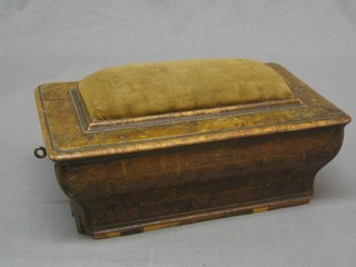 A 19th Century Dutch cushion shaped marquetry work box, the lid inset a rectangular pin cushion, the base fitted a drawer 13" (some inlay missing)