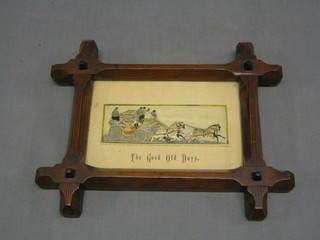 A woven silk picture  of a coaching scene "The Good Old Days" 2" x 6" contained in a pine Cambridge frame
