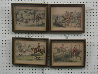 4 19th/20th Century coloured hunting prints "Romford Disturbs The Dignity of the Huntsman, Mr Spong Completely Scatters His Lordship, Captain Spurrier Cut Down by Romford" and Imperial Johns Attempt to Show the Way" 6" x 7" in Hogarth frames