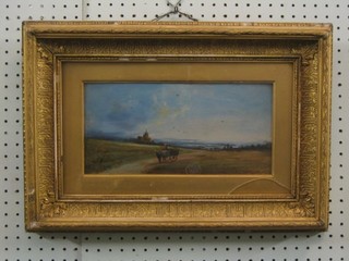 19th Century oil on board, "Figure Riding Cart Across a Field with Cathedral in Distance" 6" x 11"