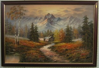 A pair of 20th Century Continental oil paintings on board "Alpine Scene with Chalet and Waterfall" 25" x 37"