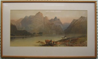 19th Century lithograph "Mountain Lake with Figures" 8" x 19"