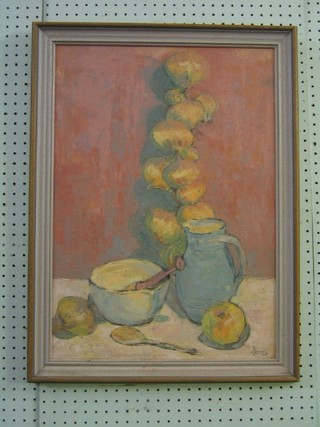 J James, oil on board, still life study "Grapes, Jug and a Mortar and Pestle" 23" x 16"