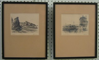 A pair of 19th Century etchings "Cornish Harbour Scene and Beach Scene" 4" x 6"