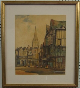 C J Keats, 19th/20th Century watercolour "Street Scene with Church" 13" x 12"