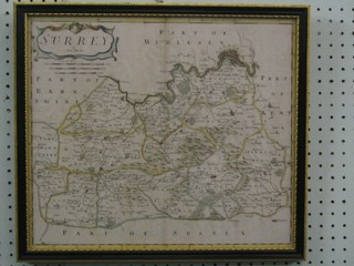 An 18th Century Robert Morden map of Surrey, showing calibrated border 14" x 16" contained in a Hogarth frame