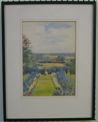 Ralph Hamilton Russell, 1930's watercolour "View of Country Garden with Downs in Distance" monogrammed and dated 1928, label to reverse - painted by Ralph Hamilton Russell 10" x 7"