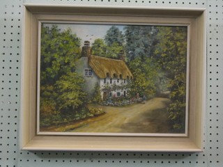 Jings, 20th Century oil painting on board "Thatched Country Cottage in Lane" 11" x 15"