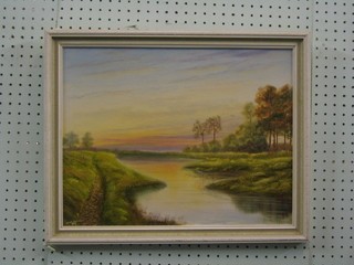 Philip Gruewick, oil painting on board "Norfolk Sunset" 13" x 17"   