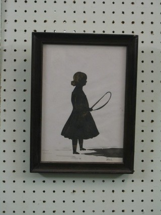 19th Century silhouette of a standing girl with whip 9" x 6", dated 1844