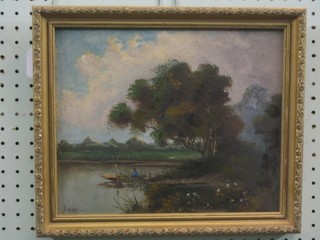 J Ducker, 19th Century oil painting on board "Rural Scene, Figure in Lake with Boats" 10" x 11 1/2"