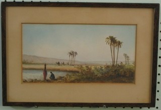 Watercolour drawing "Oasis with Camels and Figures" indistinctly signed, 5" x 10"
