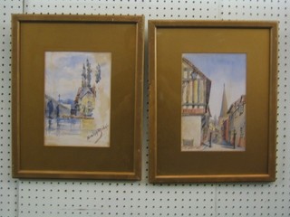 Watercolour drawing "Henley Bridge" 10" x 6" and a watercolour "Village Street with Church in Distance" 10" x 6"