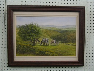P E Grabbe, watercolour "Devils Dyke with Horses" signed and dated 1983 9" x 14"
