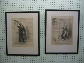 2 French 19th Century monochrome cartoons 11" x 9"