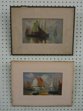 A E Niblock,  a pair of 1930's oil paintings on card "Sailing Ships" 5" x 8"