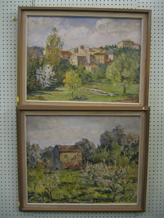 Nancy McDowal,  pair of oil paintings on board "Village in Provence and Orchard in Provence" 16" x 22"