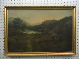 19th Century oil on canvas "Highland Scene with Lake and Cottage" 19" x 29" (some old repair to the back)