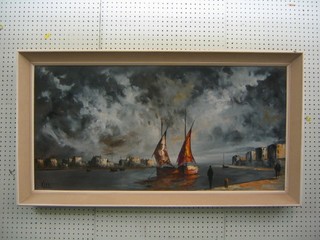 K Lee, 20th Century oil on board "Continental Harbour Scene with Fishing Boats and Buildings" 20" x 39"