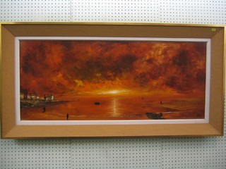 K Lee, 20th Century oil on board "Sunset in Continental Bay" 18" x 41"