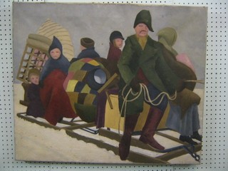 Russian School, oil on canvas "Seated Figures on Sleigh" 25" x 30" indistinctly signed and dated to the base