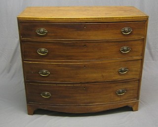 A Georgian mahogany bow front chest with inlaid satinwood stringing, fitted 4 long drawers, raised on bracket feet 45"