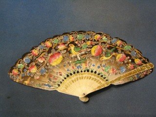 An ivory and painted feather fan