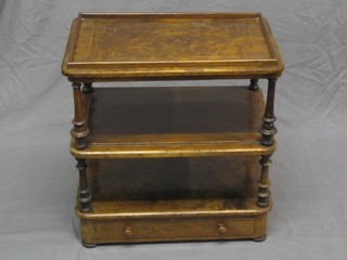 A Victorian inlaid figured walnut 3 tier what-not with later gallery, the base fitted a drawer 25" (some veneer bubbling to top and cut down)