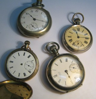 An open faced pocket watch by Walker, contained in an engraved silver case, a do. Ingasol, 1 other and a gold plated pocket watch (3)