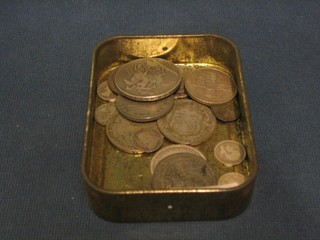 A George III silver crown 1822, various other silver coins and a Fishermans and Mariners Royal Benevolent Society medal dated 1854