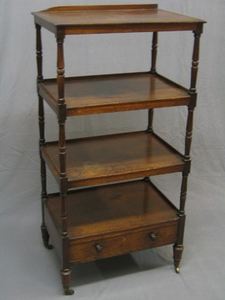 A 19th Century mahogany 4 tier what-not raised on turned and block supports, the base fitted a drawer, 24"