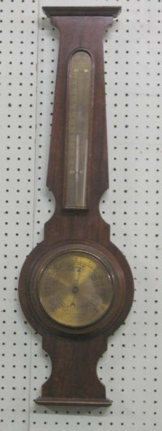 A 1930's aneroid barometer and thermometer with brass dial contained in a mahogany wheel case by Percy Harrison of Portsmouth (thermometer f)