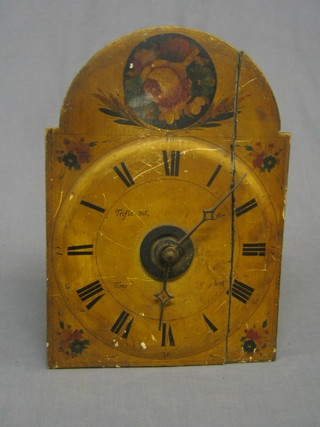 A 19th Century Continental striking alarm wall clock, the 10" arch shaped dial painted flowers and Roman numerals (split to dial)