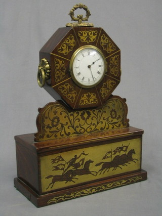 A 19th Century mantel clock with pocket watch movement, having an enamelled dial and Roman numerals contained in a mahogany and inlaid brass case
