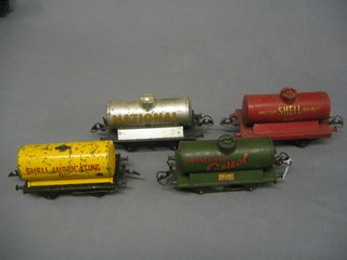 4 Meccano Hornby Series OO gauge petrol/oil tankers for Wakefield Castrol Motor Oil, National, Shell Lubrication Oil and Shell Motor Spirit
