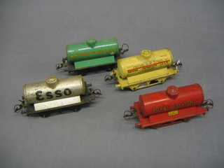4 Meccano Hornby oil tankers - BP Motor Spirit, Manchester Oil Refinery Ltd, Esso and Royal Daylight