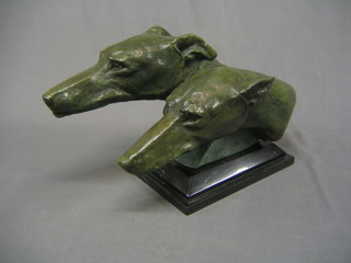 Bertin, an Art Deco head and shoulders bronze portrait bust of 2 racing grey hounds, raised on a marble base