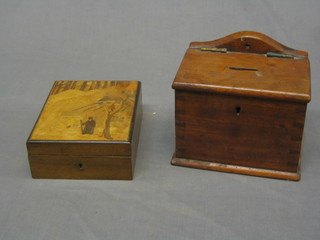 A Greek parquetry trinket box with hinged lid decorated a priest by a shrine 5" and a wooden wall mounting money box 6"