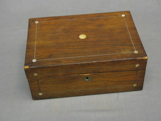 A Victorian rosewood trinket box with mother of pearl stringing and hinged lid 10" (hinge f)