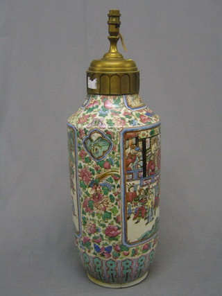 A 19th Century Canton famille rose porcelain vase, converted to an electric table lamp 27"
