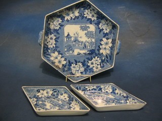 A 19th Century Rogers  6 sided twin handled dish with blue and white Oriental decoration depicting a figure leading an elephant, together with 2 diamond shaped dishes (some chips)