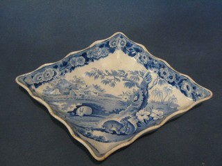 A 19th Century diamond shaped blue and white pattern dish decorated landscape with hare, 11"