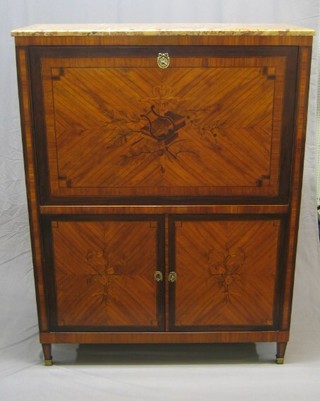 A handsome 19th Century French inlaid Kingwood and crossbanded escritoire with veined marble top, the interior fitted pigeon holes and 6 walnut fronted drawers, the fall front inlaid a lyre and other musical trophies and books, the base fitted a double cupboard enclose by panelled doors inlaid floral decoration, raised on square tapering supports ending in brass caps, 47"