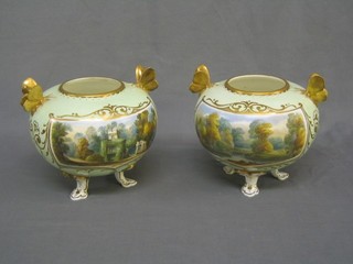A pair of fine quality 19th Century porcelain circular twin handled vases of globular form, with duck egg blue borders decorated the entrance to Cashiobury Park Watford, the bases marked Mill Park by M S Harvey 7" (1 heavily f and r)