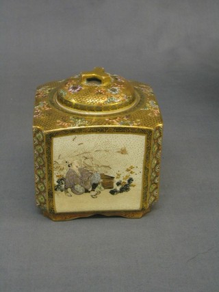 A 19th Century Japanese square Koro and lid, decorated a landscape, the base with 3 character mark
