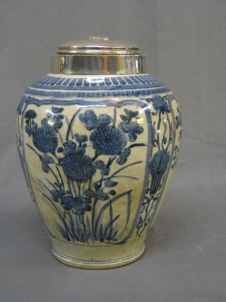A 17th/18th Century blue and white Arita vase with star crack to the base and silver mount 10"
