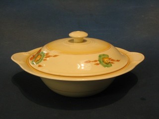A circular Clarice Cliff twin handled vegetable tureen and cover 12"