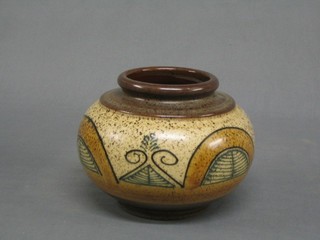 A circular brown glazed Art Pottery vase 4"