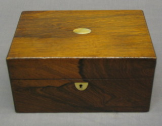 A Victorian rectangular rosewood trinket box, the hinged lid with inset oval mother of pearl panel, 9" (missing 1" of veneer to the side)
